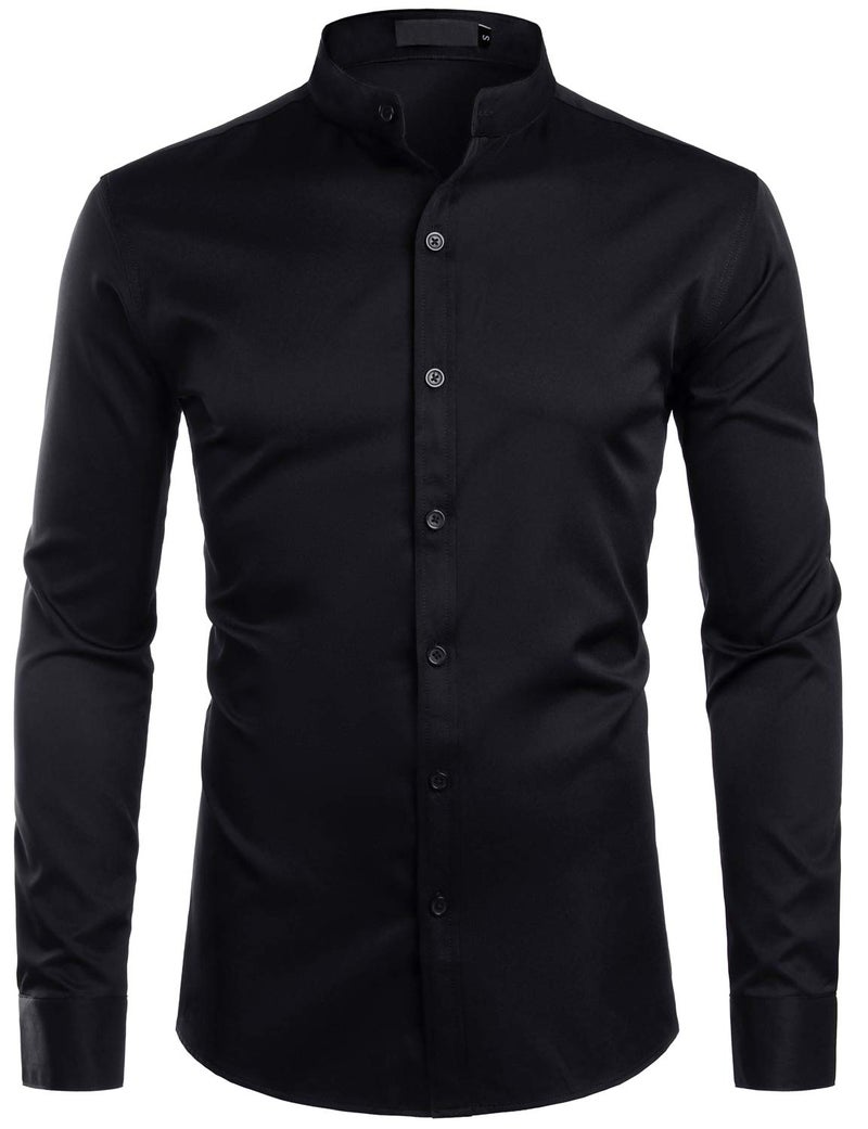 ZEROYAA Mens Hipster Solid Slim Fit Long Sleeve Mandarin Collar Dress Shirts ZLCL08 Solid Black X-Large - Image 1
